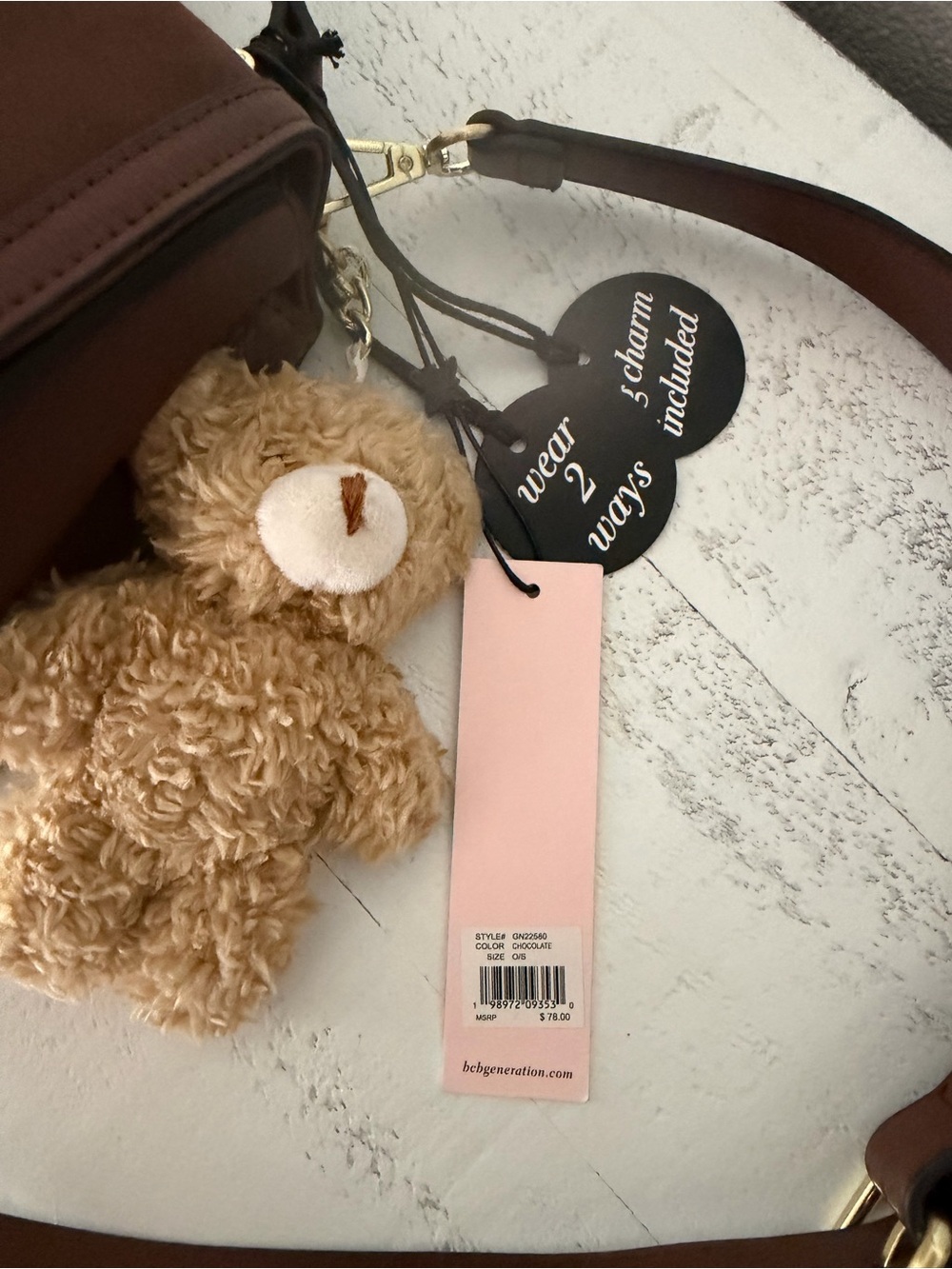 BCBGeneration Chocolate Brown Teddy Bear Charm Top Handle Crossbody Bag - Picture 14 of 14